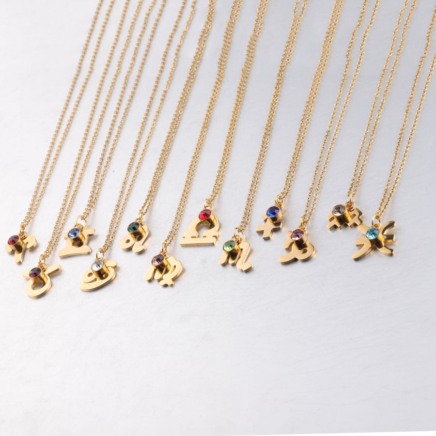 Golden Zodiac Necklace Lucky Birthstone Stainless Steel Jewelry