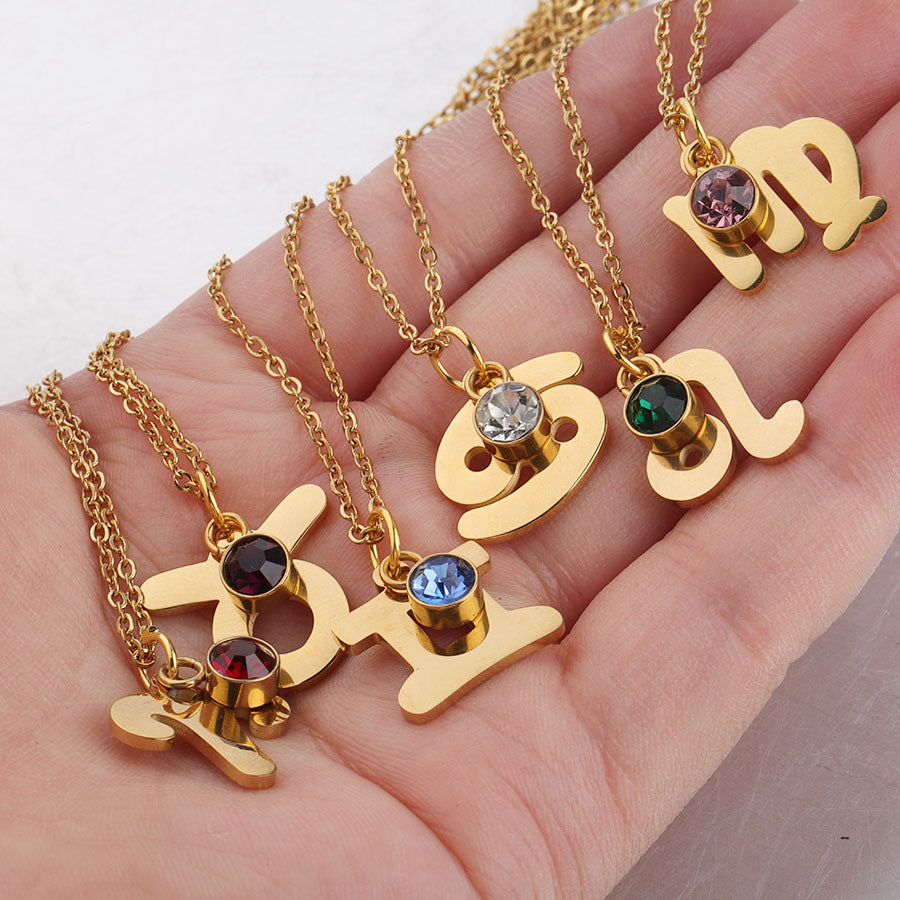 Golden Zodiac Necklace Lucky Birthstone Stainless Steel Jewelry