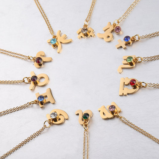 Golden Zodiac Necklace Lucky Birthstone Stainless Steel Jewelry